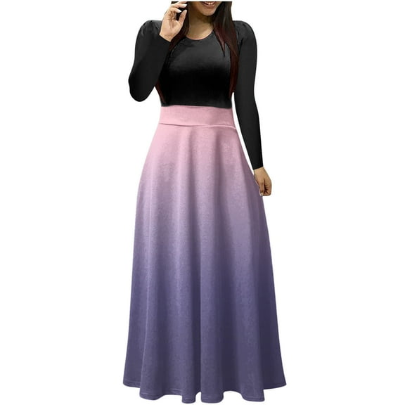 IROINNID Long Sleeve Dress for Women Print Colorful Long Dress Long Sleeve Round-Neck Printing Dresses,Pink