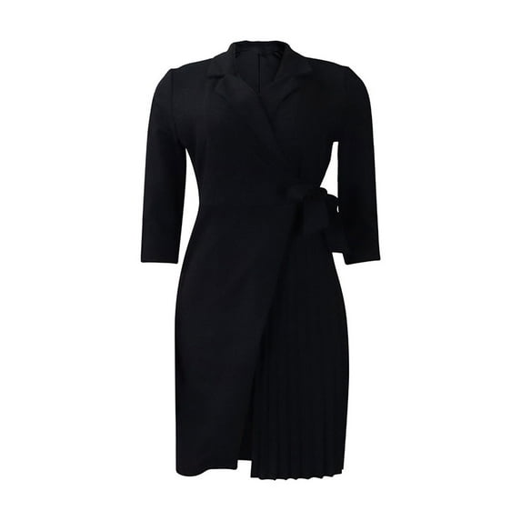 IROINNID Long Sleeve Dress for Women Slim Pleated Belted Three-Quarter-Sleeve V-Neck Color Dress Reduced,Black