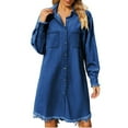 thumbnail image 1 of IROINNID Long Sleeve Dress for Women Solid Color Long Sleeve Lapel Loose Leisure Cowboy Dresses,Blue, 1 of 6