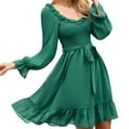 thumbnail image 1 of IROINNID Long Sleeve Dress for Women Solid Spring and Summer Long Sleeve Belt Waist Ruffle Sleeve Round Neck Dress Clearance,Green, 1 of 7
