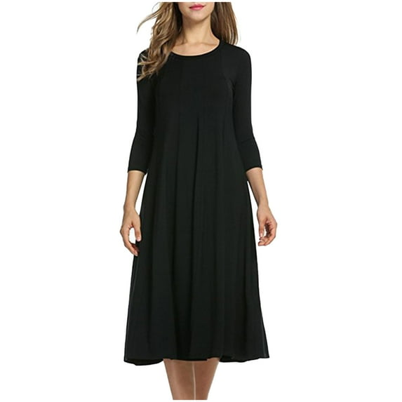 IROINNID Long Sleeve Dress for Women Strapless Round Neckline Fit&Flare Dress Pleated Seven-cent Sleeve Pure-color Dress ,Black