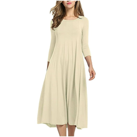 IROINNID Long Sleeve Dress for Women Strapless Round Neckline Fit&Flare Dress Pleated Seven-cent Sleeve Pure-color Dress ,Beige