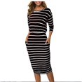 thumbnail image 1 of IROINNID Long Sleeve Dress for Women Strapless Round Neckline Sheath Dress Sexy Tight Striped Long Sleeve Dress Discount,Dark Blue, 1 of 5