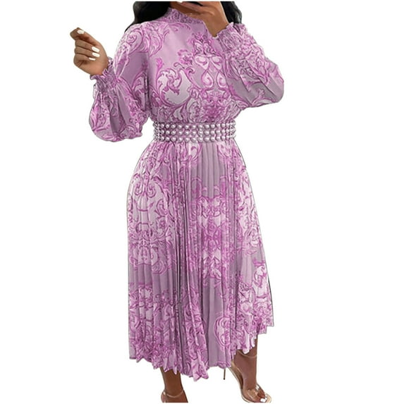 IROINNID Long Sleeve Dress for Women Summer Pearl Belt Printed Pleated Lantern Sleeve Half High Neck Dress Discount,Purple