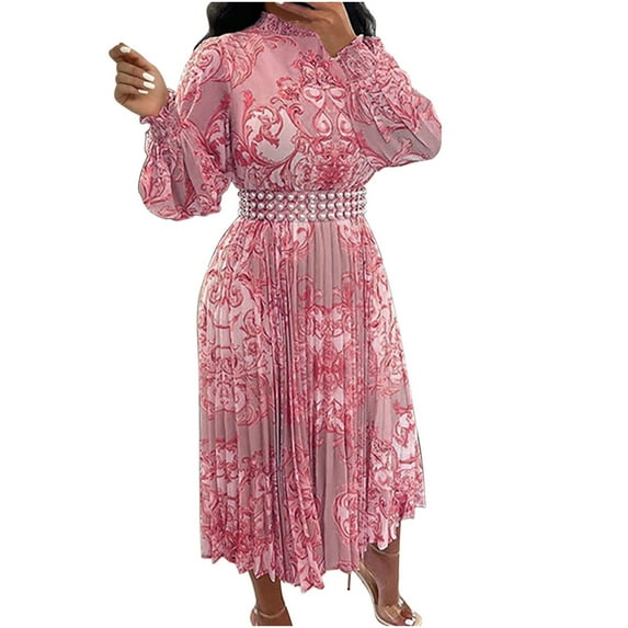 IROINNID Long Sleeve Dress for Women Summer Pearl Belt Printed Pleated Lantern Sleeve Half High Neck Dress Discount,Red