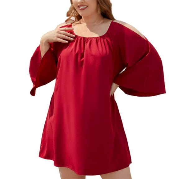 IROINNID Long Sleeve Dress for Women Summer Square Neck Long Sleeve Loose Solid Plus Size Dress ,Red