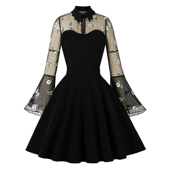 IROINNID Long Sleeve Dress for Women Vintage Embroidery Patchwork Flared Sleeve Waist Dress Long Sleeve Turn-down Dress,Black