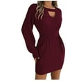 thumbnail image 1 of IROINNID Long Sleeve Dress for Women and Winter Hollow Waist Bag Hip Knitted Sweater Dress ,Burgundy, 1 of 4