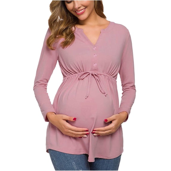 IROINNID Long Sleeve Nursing Shirt for Women Maternity V-Neck Long Sleeve Bandage Solid Color Breast-Feeding Pregnant Nursing Blouse Tops,Pink