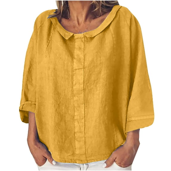 IROINNID Long Sleeve Pullover Shirt for Women Cotton Shirts for Women Comfortable Solid Color Tops d Loose Cotton And Linen Loose Shirt Blouse Round Neck Tops,Yellow