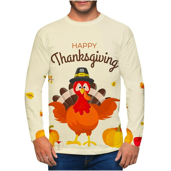 IROINNID Long Sleeve Pullover Shirts for Men Comfy Round Neck Thanksgiving Day 3D Printed Realistic Print T-Shirt,Orange