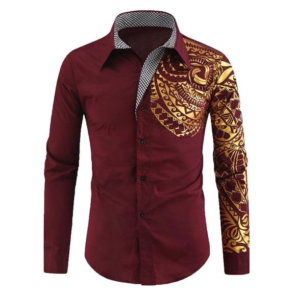 IROINNID Long Sleeve Shirts for Men Casual Turndown Collar Button Print Top Blouse,Wine