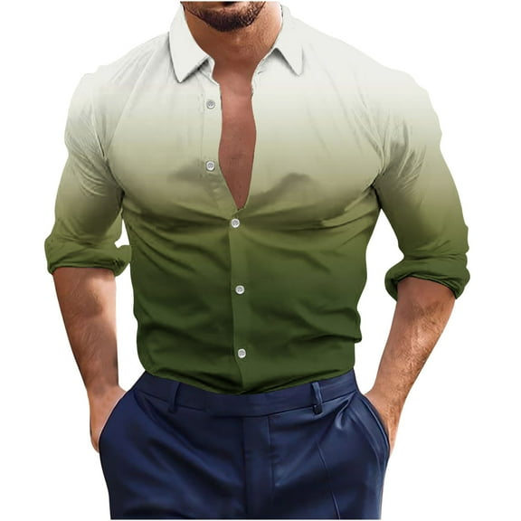 IROINNID Long Sleeve Shirts for Men Leisure Gradient Shirt 3D Non Positioning Printed Shirt Hawaiian Beach Regular Shirt Top Blouse ,Olive Green