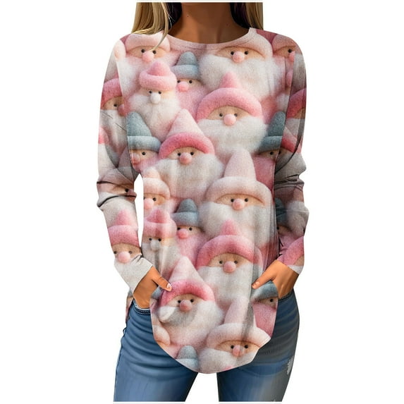 IROINNID Long Sleeve T Shirt for Women Crewneck Christmas Printed Fall Winter Loose Fit Shirts Trendy Tunic Tops,Pink
