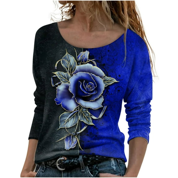IROINNID Long Sleeve T-Shirts for Women Lounge Printing Round Neck Loose T-Shirt Autumn Blouse Pullover Tops,Blue