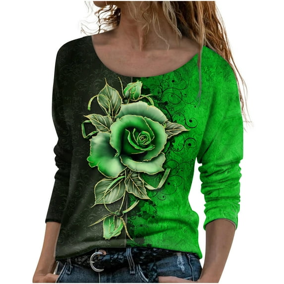 IROINNID Long Sleeve T-Shirts for Women Home Printing Round Neck Loose T-Shirt Autumn Blouse Pullover Tops,Green
