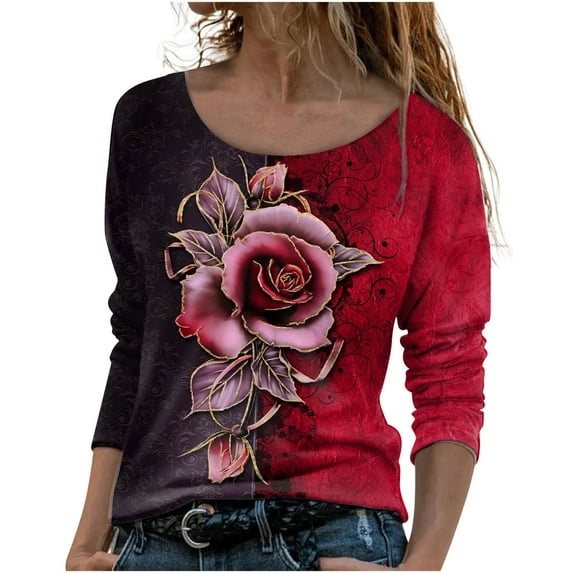 IROINNID Long Sleeve T-Shirts for Women Lounge Printing Round Neck Loose T-Shirt Autumn Blouse Pullover Tops,Red