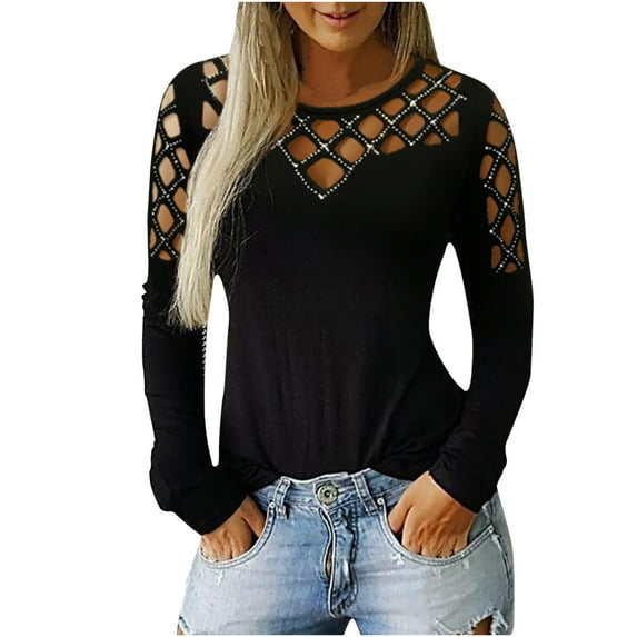 IROINNID Long Sleeve T-Shirts for Women Plus Size Lounge O-Neck Tops Cut Hollow Out Blouse T-Shirt,Black