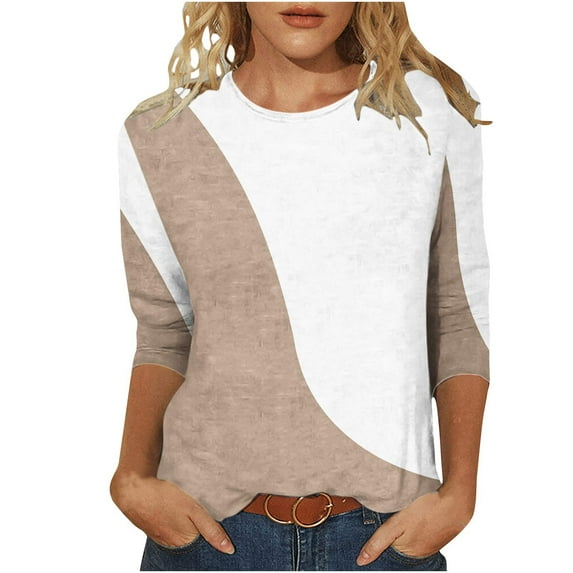 IROINNID Long Sleeve T-Shirts for Women Printed Loose T-shirt Mid-length Blouse Round Neck Lounge Tops,Khaki