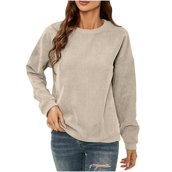 IROINNID Long Sleeve T-Shirts for Women Solid Corduroy Round Neck Pullover Top Round Neck Top/shirt,Beige