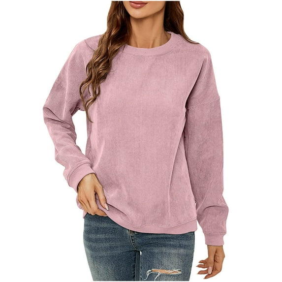 IROINNID Long Sleeve T-Shirts for Women Solid Corduroy Round Neck Pullover Top Round Neck Top/shirt,Pink