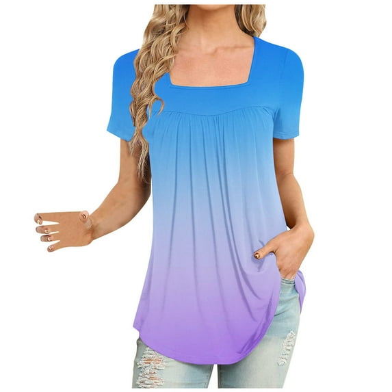 IROINNID Loose Leisure Tunic Tops For Women Square-Neck Short Sleeve Print Casual Blouse Tops Spring