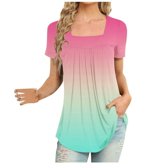 IROINNID Loose Leisure Tunic Tops For Women Square-Neck Short Sleeve Print Casual Blouse Tops Under $10