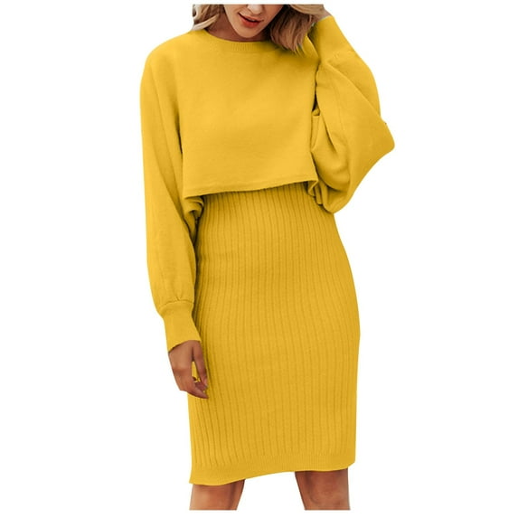 IROINNID Lounge Set for Women Solid Pullover with High Waist Skirt Casual Fall Sets Two-Piece Suit,Yellow