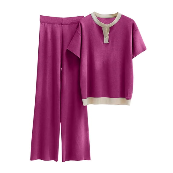 IROINNID Lounge Sets for Women Two-Pieces Casual Short Sleeve Tops with Wide Leg Pants Ice Silk Daily Wear,Hot Pink