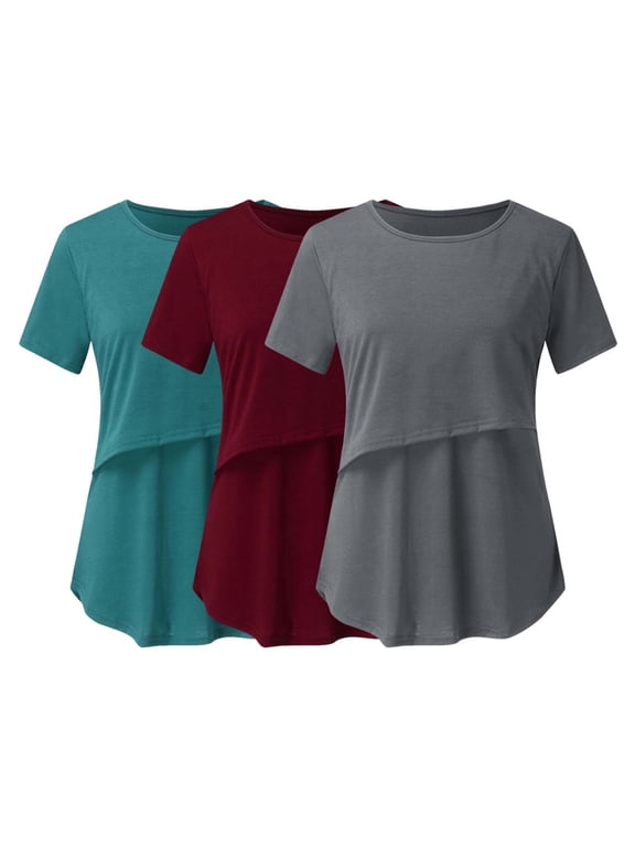 Maternity Nursing Clothes Bump Friendly T-shirt, Plus Size Short Sleeve and Round Neck Summer Breastfeeding Blouse