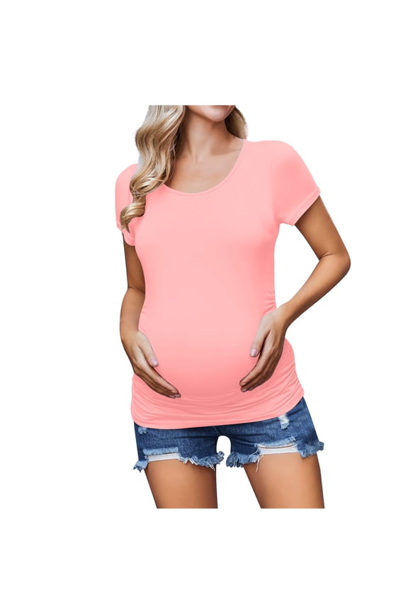 Maternity Nursing Clothes Bump Friendly T-shirt Tops , Short Sleeve and Round Neck Summer Breastfeeding Soild With Wrinkles Blouse