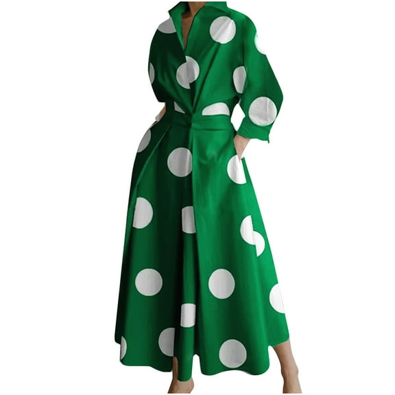 IROINNID Maxi Dress for Women Casual Turn-down Collar Long Sleeve Waist Solid Long Dresses for Spring Fall(Green#2,L)