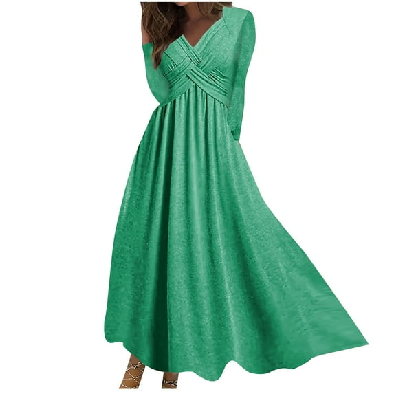 IROINNID Maxi Dress for Women Fall Winter Casual Loose Solid Color Long Sleeve V-Neck Long Dress,Green