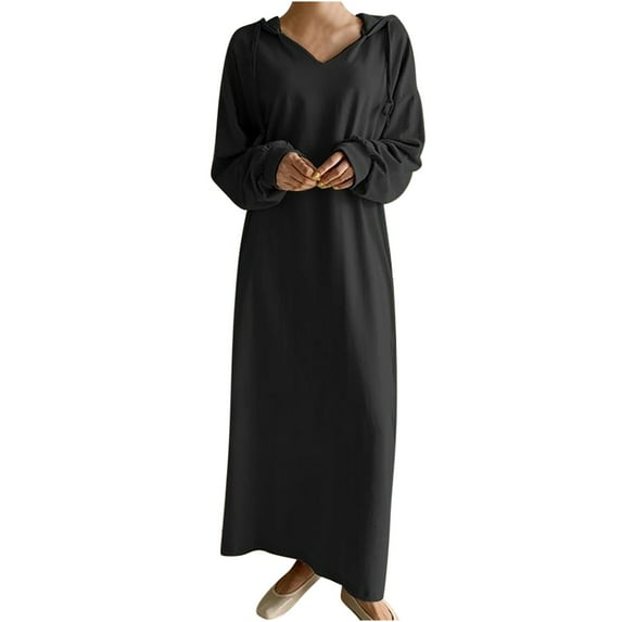 IROINNID Maxi Dress for Women Fall and Winter Hooded Sports Plush Sweater Long Sleeve Zipper Coat Plus Size Solid Color Robe ,Black