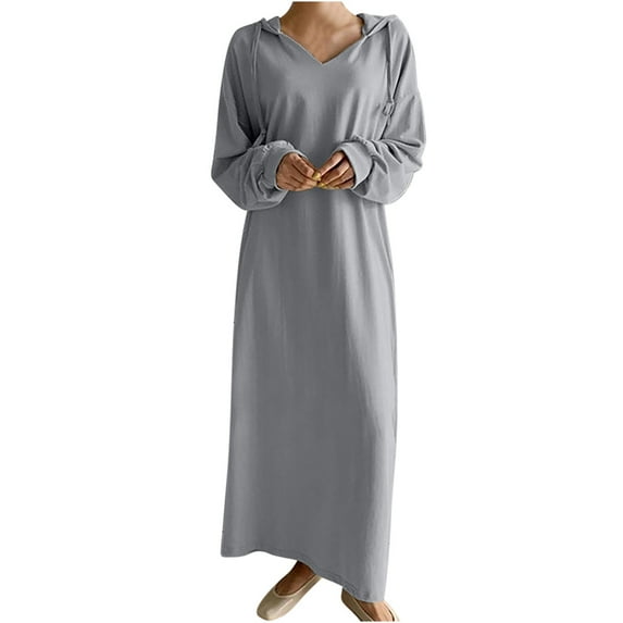 IROINNID Maxi Dress for Women Fall and Winter Hooded Sports Plush Sweater Long Sleeve Zipper Coat Plus Size Solid Color Robe Sales,Gray
