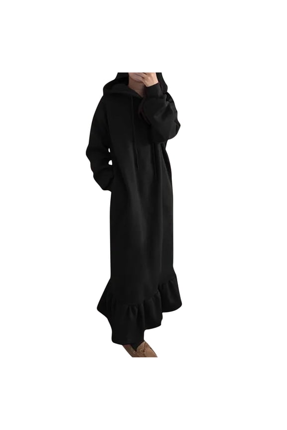 Maxi Dress for Women Hooded Winter Warm Color Long Sleeve Pocket Long Dress ,Black