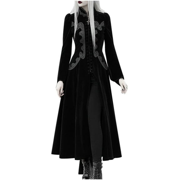 IROINNID Maxi Dress for Women Lace Patchwork Medieval Round Neck Zipper Slimming Long Sleeve Dresses ,Black