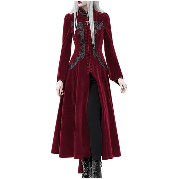 IROINNID Maxi Dress for Women Lace Patchwork Medieval Round Neck Zipper Slimming Long Sleeve Dresses Discount,Burgundy