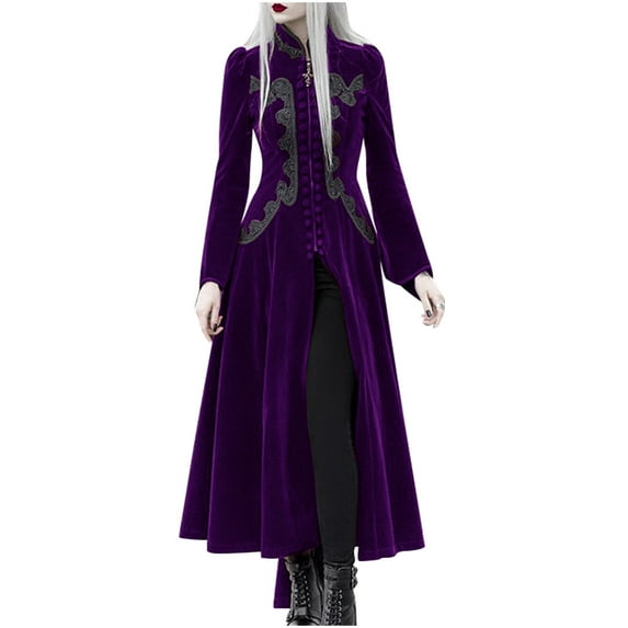 IROINNID Maxi Dress for Women Lace Patchwork Medieval Round Neck Zipper Slimming Long Sleeve Dresses Discount,Purple