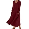 thumbnail image 1 of IROINNID Maxi Dress for Women Long Sleeve Color Cotton Linen Round Neck Pocket Dress ,Burgundy, 1 of 5