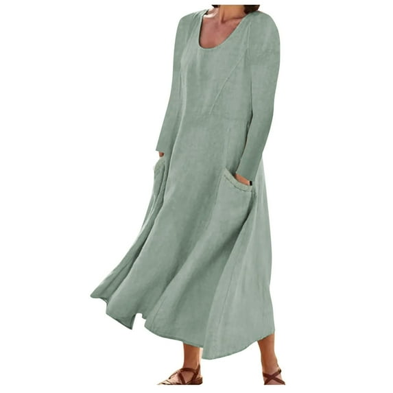IROINNID Maxi Dress for Women Long Sleeve Color Cotton Linen Round Neck Pocket Dress ,Green