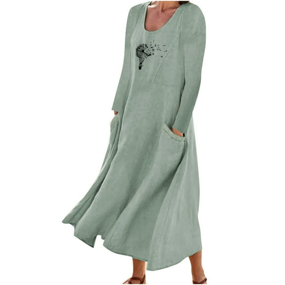 IROINNID Maxi Dress for Women Long Sleeve Print Cotton Linen Round Neck Pocket Dress ,Green
