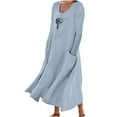thumbnail image 1 of IROINNID Maxi Dress for Women Long Sleeve Print Cotton Linen Round Neck Pocket Dress ,Sky Blue, 1 of 5