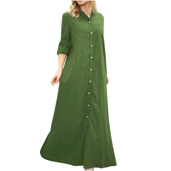 IROINNID Maxi Dress for Women Oversized Stand-up Collar Ladies Button Shirt Dress Full Length Dress,Green