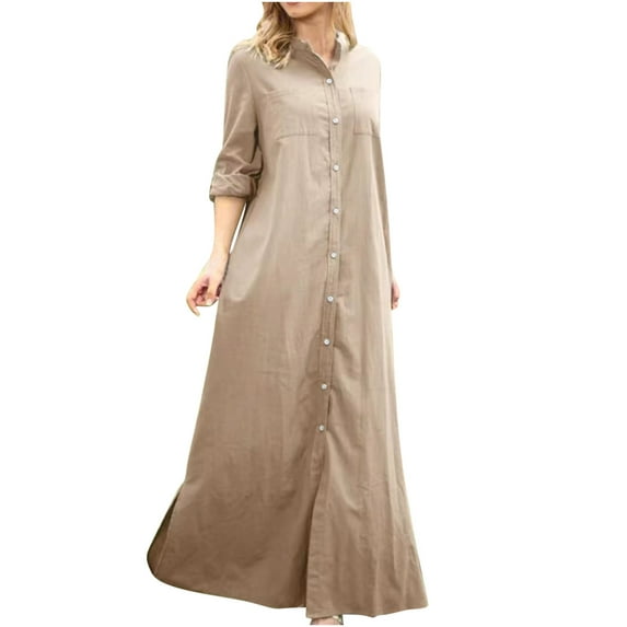 IROINNID Maxi Dress for Women Oversized Stand-up Collar Ladies Button Shirt Dress Full Length Dress,Khaki