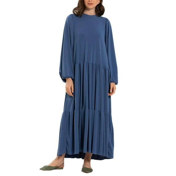 IROINNID Maxi Dress for Women Plus Size Dress High Collar Solid Color Long Sleeve Winter Fall Basic Maxi Long Dress Daily Vacation Dress ,Blue
