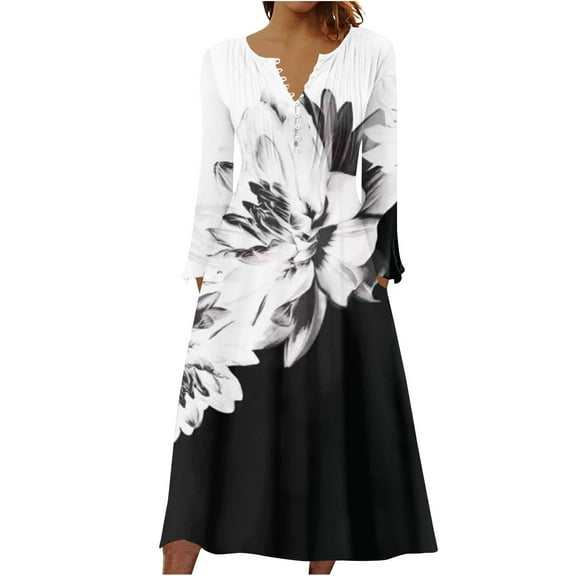 IROINNID Maxi Dress for Women Round Neck Long Sleeve Buttoned Folding Printed Dresses ,Black