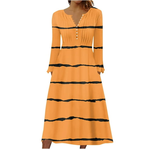 IROINNID Maxi Dress for Women Round Neck Long Sleeve Buttoned Folding Printed Dresses ,Orange