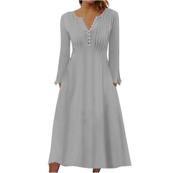 IROINNID Maxi Dress for Women Round Neck Long Sleeve Buttoned Folding Printed Dresses ,Gray