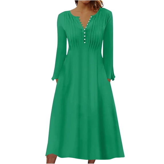 IROINNID Maxi Dress for Women Round Neck Long Sleeve Buttoned Folding Printed Dresses Savings,Green
